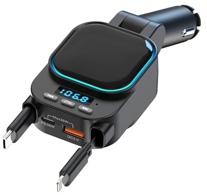 LEIDIMUS Bluetooth 5.3 FM-Transmitter Für Auto, 96W PD Typ-C + QC3.0 Schnellladegerät Mit 2 Einziehbaren Kabeln, Bluetooth-Autoadapter, Unterstützt Freisprechanrufe Und MP3-Musikplayer