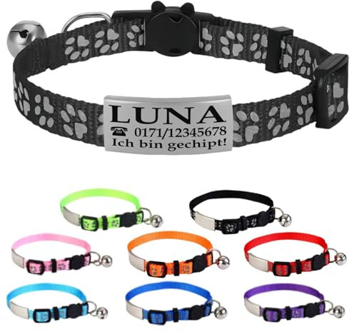 Ibera gifts - Katzenhalsband Personalisiert, Katzenhalsband mit Namen Für Katzen mit Sicherheitsverschluss Selbstöffnend, Reflektierend (Schwarz)