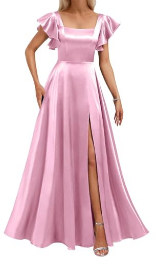 ZM158 Robe de demoiselle d'honneur à manches courtes avec poches Robe de soirée formelle en satin, rose, 36