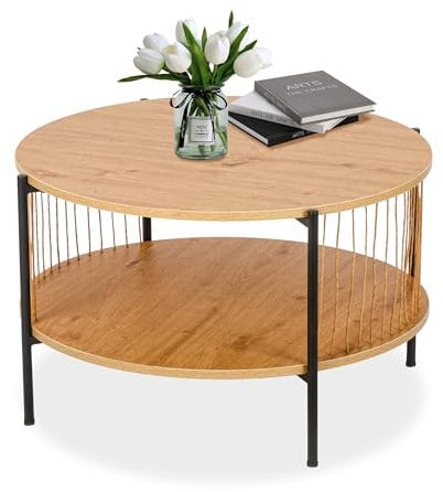 BIGTREE Couchtisch Rund, Wohnzimmertisch 2-stöckig, Moderne Beistelltische aus MDF & Eisen (70cm Ø), Design Sofatisch für Balkon/Büro in Rustikalem Industrie-Look