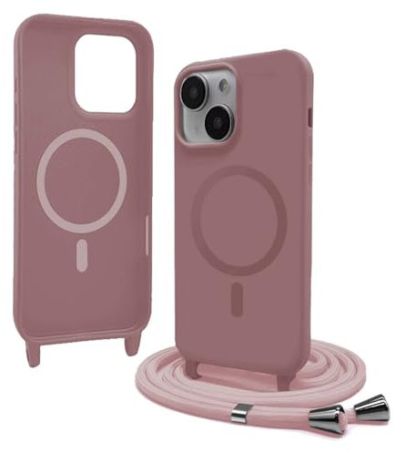 Bigcousin Coque Magnétique pour iPhone 15 avec Cordon,[Compatible avec MagSafe],Silicone avec Collier Case Portable Cover,Réglable Collier Lanyard Case,Rose Gold