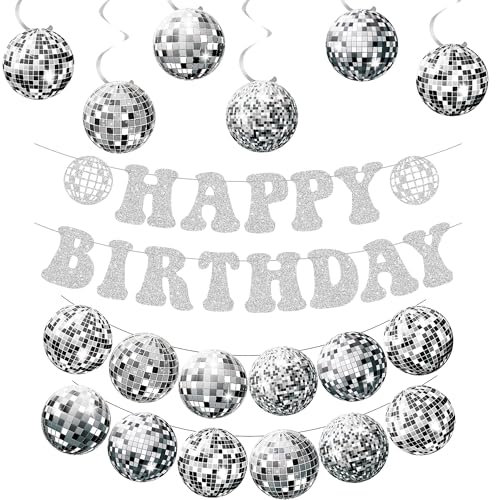 Disco Deko Geburtstag Girlande Set - 8 Stück Silber Happy Birthday Banner und Discokugel Hängend Wirbel, Glitzer Spiralen für Geburtstagsdeko 70er 80er 90er Party Dekoration