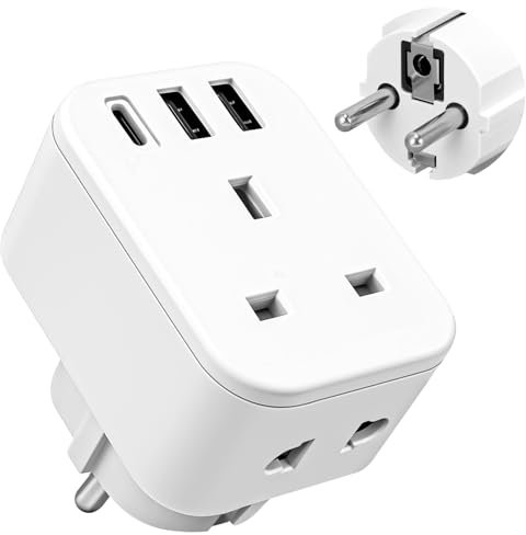 UK to European Plug Adapter with USB,SHUOMAO UK to EU Euro Travel Adaptor with 3 USB,Europe Power with Shaver Toothbrush Adapter Plug for Spain France Iceland Germany Turkey Greece Poland(Type E/F)