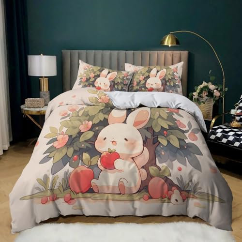 LLSZAHD Rabbit and Apple Single Duvet Cover Sets, Flower Tree Bedding Microfiber with Zipper Closure, Comfortable Easy to Machine Wash and 2 Pillowcases, for Boys and Girls