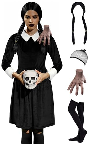 BesserBay 5PCS Damen Halloween Kostüm Schwarz Samt Midikleid Vintage Kleid | XS -XXL,5PCS Perücke, Haarnetz, Strümpfe, Handförmige Haarklammer, Vintage Schwarz Kleider für Halloween, Cosplay & Alltag