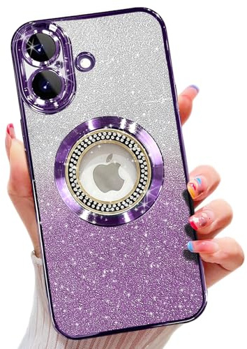 Misscase for iPhone 17 Magnetic Glitter Case,Cute Full Protection Slim Shockproof Anti-Scratch Bling Sparkly Case with Camera Lens Protector, Logo View Dust-Proof Net for Women Purple