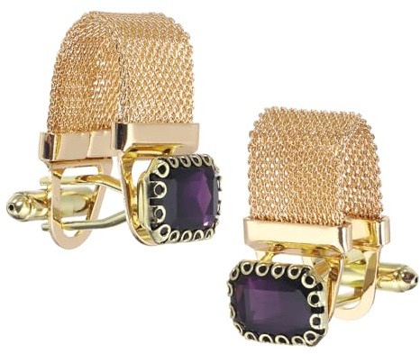 PATIKIL Männer Manschettenknöpfe Für Junge Männer Hochzeit Party Lila | Mit Kette Quadratischer KristallNaturstein Und Glänzende Goldfarbene Kette Manschettenknöpfe Mit Box, Anzug Hemd