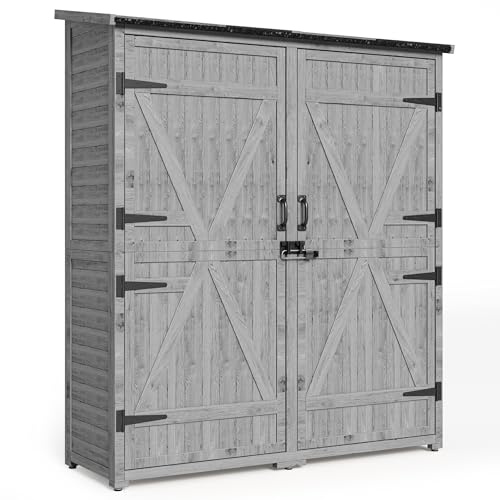 Blishom Gartenschrank Holz, Outdoor Geräteschrank, Gerätehaus mit Tür, Böden, Geräteschrank, Gartenhaus, Gartenschuppen für Garten, Terrasse & Balkon, 140x44x162cm, Grau