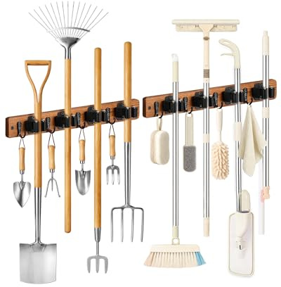 Lorbro Paquete de 2 soportes para escobas de pared, organizador de escoba y fregona de madera para colgar en la pared, estante para fregona con 4 ranuras y 4 ganchos, organizador de herramientas para