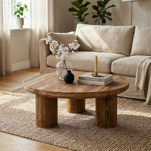 IDIMEX Couchtisch Sakata rund 90 cm aus recyceltem Massivholz, Natur – Beistelltisch aus Kiefernholz, Vintage Wohnzimmertisch mit 3 Säulenfüßen, rustikaler Sofatisch aus Altholz