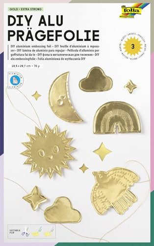 folia 521 - DIY Alu-Prägefolie, Gold, 3 Blatt, 70µ, ca. 18,5 x 29,7 cm, Hartmetallfolie extra strong