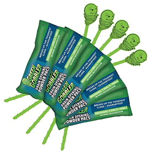 Green Gobbler Drain Opening Pacs - Tub, Sink & Drain Unblocker - Powder Toilet Drain Cleaner & Hair Clog Remover - Bathroom/Kitchen Sink Cleaner - (5) 233g Packs
