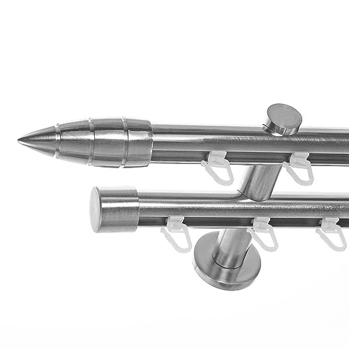 BASIT Gardinenstange Innenlauf Edelstahllook 20mm 2-läufig Wand 240cm H40 | Gardinenstangenset doppelläufig Wandmontage Metall Vorhangstange Wandhalterung 120-600cm wählbar Kappe Spitze E81