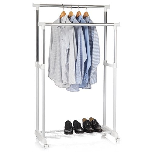 IDIMEX Garderobenwagen Grosso Kleiderständer Rollgarderobe Garderobenständer, mit Schuhablage, 2 Kleiderstangen, höhenverstellbar, Metallrohr verchromt, in weiß