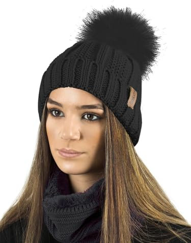 TOSKATOK Ladies Womens Winter Rib Seed Stitch Beanie Bobble Hat with Warm Cosy Fleece Liner & Large Faux Fur Pom Pom - Black HAT