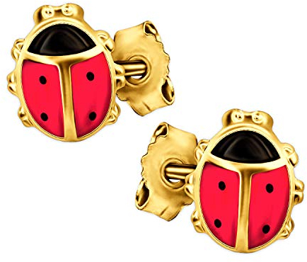 CLEVER SCHMUCK Goldene Kinder Marienkäfer Ohrringe als Ohrstecker kleiner Käfer 8 mm rot schwarz lackiert glänzend 333 Gold 8 Karat für Mädchen im Schmucketui
