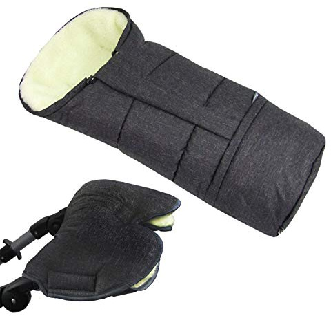 BAMBINIWELT KOMBI-ANGEBOT MUFF + Winterfußsack/MUMIE- aus Lammwolle für Kinderwagen, Buggy, Schlitten MELIERT (schwarz)