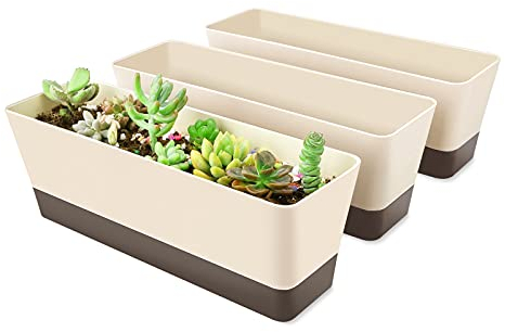 SUREAM Pflanzgefäß, 3 Stück, 30.5 x 9.5 cm, rechteckiger Kräutertopf mit Tablett, moderner Kleiner Blumentopf für Sukkulenten, Kaktus, Kunststoff, für Fensterbank, Garten, Heimbüro, Außendekoration