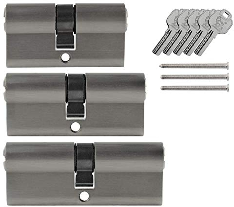 3x Tür Zylinder Schloss 60 mm & 70 mm & 80mm gleichschliessend +5 Schlüssel Schliessanlage (1x 30/30 mm - 1x 35/35 mm - 1x 40/40 mm)