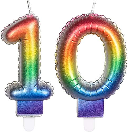2 Zahlenkerzen * ZAHL 10 * in Regenbogen-Farben mit Steckfuß | ca. 9cm x 5,5cm groß | Farben Rainbow Deko Geburtstag Geburtstagskerze Kerze