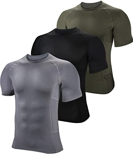 BOOMCOOL Lot de 3 t-shirts de compression à manches courtes pour homme, Noir-gris-vert, Taille S