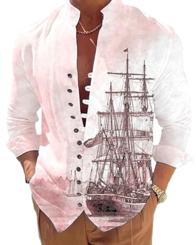KSKAN Herren Hemd Langarm,Herren Wikinger Hemd Langärmelig Vintage Schnalle Bequeme Passform Lässiges Hemd Mit Segelschiff Muster Stehkragen Button Down Arbeitsanzug Hemden Basic Hemd Pink S
