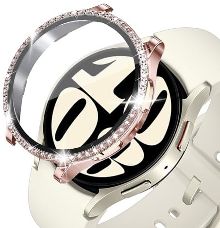 KeeFos Coque pour Samsung Galaxy Watch 6 40mm, Bling PC Coque Couverture Complète Bling Frame Verre Trempé Protecteur d'écran pour Samsung Galaxy Watch 6 40mm (Or rose)