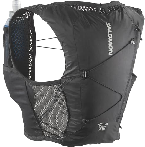 Salomon Active Skin 4 Hydrationsweste Trail running Wandern MTB mit Hydrationsflaschen, Frauenspezifisches Design, Einfache Flüssigkeitszufuhr, Optimierte Verstaumöglichkeiten, Schwarz, XL