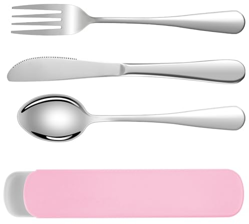 HOTUT Couverts de Camping, 3 Pièces Portables Ensemble de Couverts en Acier Inoxydable avec étui Portable, Passe au Lave-Vaisselle, Couteau/Fourchette/Cuillère pour Voyage Camping Bureau (Rose)