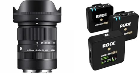 Sigma Objetivo 18-50mm F2.8 DC DN Contemporary Montura Sony E, Nergo & RØDE Wireless Go II Sistema inalámbrico de Doble Canal con micrófonos incorporados, transmisor Doble, Negro