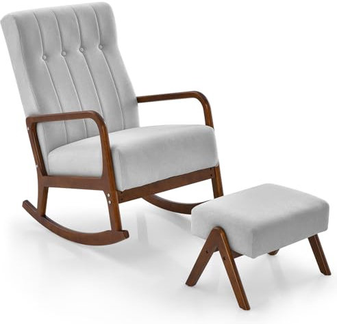 COSTWAY Fauteuil Salon à Bascule avec Repose-Pieds, Chaise Berçante avec Cadre en Bois d'Hévéa et Coussin Rembouré, Fauteuil de Relaxation pour Chambre, Balcon, Charge 150KG pour Fauteuil (Gris)