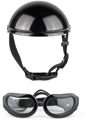 Mjaie Hundehelm mit Ohrloch, Haustierhelm und Brille, Set mit verstellbarem Riemen, Hundesonnenbrille, Welpenkopfabdeckung für Fahrrad, Hundeausrüstung