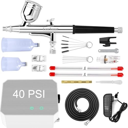 Gocheer Airbrush Kit with Air Compressor, 40 PSI High Pressure Air Brush Non-Clogging with 0.2/0.3/0.5mm Nozzle/Cleaning Sets, Ideal for Painting, Modeling, Cake Decor, Pastry, Makeup, Nail Art etc.