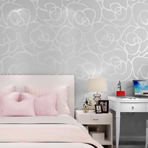 Trafagala Grey Wallpaper for Women Girls Bedroom Wallpaper Luxury Rose Embossed Wallpaper for Living Room Hallway and Stairs Feature Wall 3D Floral Striped Wall Paper Roll