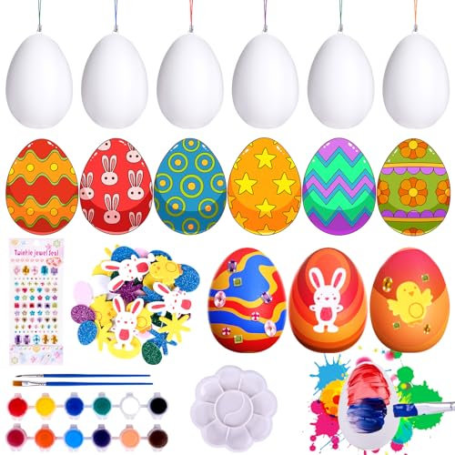 Puddry Ostereier zum Bemalen Ostern Basteln Kinder, DIY Bunte Ostereier zum Aufhängen Ostereier Färben Ostereier Malset mit 25PCS Weiße Ostereier Plastik Lanyards Farbige Stifte Ostereier Sticker