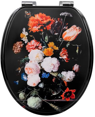 WOLTU Toilettendeckel mit Absenkautomatik, WC Sitz Quick-Release, Klodeckel O Form, Klobrille mit verstellbaren Scharnieren, Toilettenbrille Montage von oben, mit Blumen-Motiv, aus MDF