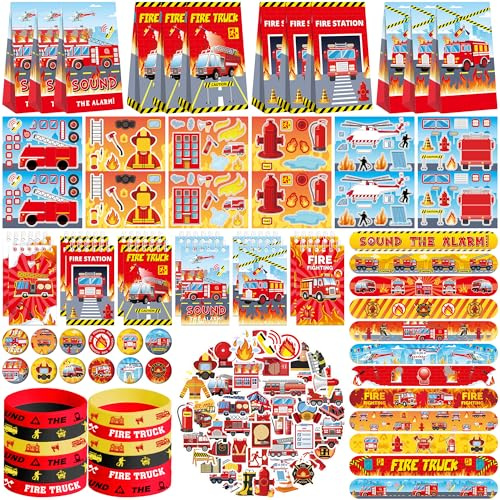 Feuerwehrauto-Partygeschenke: 12 Goodie-Tüten, Notizblöcke, Gummi-Armbänder, Aufkleber, Knopf-Abzeichen und Slap-Armbänder