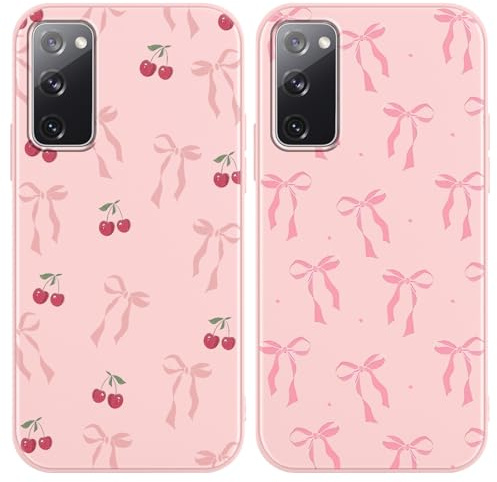 Yirlbey 2 Pièces Coque pour Samsung Galaxy S20 FE 5G / S20 Lite / S20 6,5, Étui Souple TPU Aesthetic Nœud Cerise Motif Dessin Durable Fine Silicone Housse de Antichoc Cover pour Femme Fille, Rose