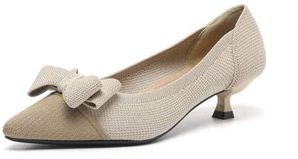 ZYXWVU Women's Kitten Heel Shoes Pointed Toe with Bow Knit Pumps Slip On Dress Shoes Khaki, 7 UK