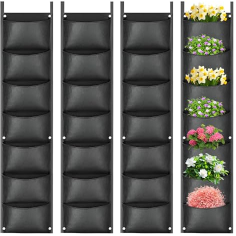 KBIBCK 4 Pack Wall Planting Bags, 7 Pocket Hanging Plant Grow Bags, Vertical Hanging Garden Wall Planter, WallPlanting Storage Bag Flowerpot Bag for Outdoor Indoor Yard Garden Home Decoration (Black)