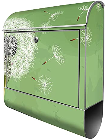 banjado® Design Briefkasten mit Pusteblume 3 38,5x46,5x13cm & 2 Schlüssel - Briefkasten Stahl Silber mit Zeitungsfach pulverbeschichtet - Postkasten A4 Einwurf inkl. Montagematerial