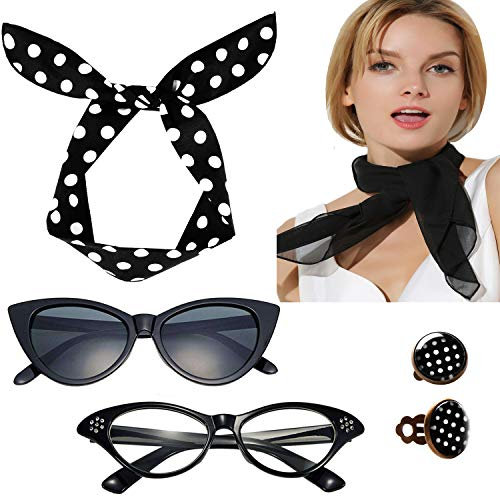 Seawhisper Rockabilly Accessoires Damen 50er Jahre Kostüme Frauen 1950er Jahre Zubehör Set Schwarz Halstuch Nickituch Katze Brille Ohrringe Haarband…