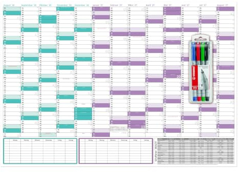 Schuljahreskalender 2026/2027 DIN B1 700 x 1000 mm, nass abwischbar matt, inkl. Stifteset, gerollt, 13 Monate August 2026 bis August 2027, Wandkalender Schulkalender