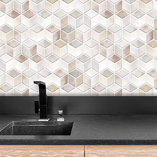 WALPLUS Wandfliesen Aufkleber 60pcs 11.2x5.5/28.5x14cm Beige Stone Hexacube fliesenaufkleber Klebefliesen Selbstklebende tapete Fliesenfolie Küche Schälen und Stick fliesen