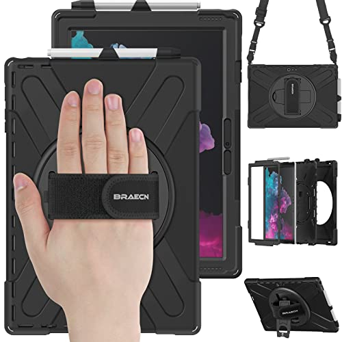 BRAECN Hülle für Microsoft Surface Pro 7 Plus/Pro 7/Pro 6/Pro 5/Pro 4/Pro LTE 12,3 Zoll, Stoßfeste Robuste Tragbare Hülle mit 360° Drehbarem Ständer, Handgurt und Schultergurt, Schwarz