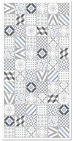 Panorama Tapis Vinyle du Sol Cuisine Salle de Bain - Différentes Tailles - (Carreaux Ciments Love Gris et Bleu 60x110 cm)