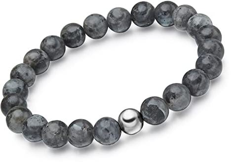 day.berlin Premium Perlenarmband Herren Grau marmoriert, Naturstein Armband mit echten 8mm Steinen, 19cm lang mit flexiblem Zugband & 316L Edelstahl Perle, Handgemacht für Männer