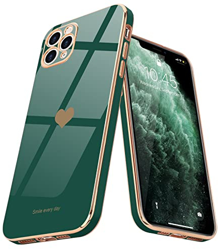 Teageo Kompatibel mit iPhone 11 Pro Hülle, Süße Herzmuster Mädchen Handyhülle Luxuriös Galvanisierte Weich TPU Kameraschutz Stoßfest Schutzhülle Phone Case für iPhone 11 Pro, Dunkelgrün