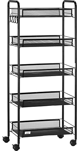 HOMCOM Carrello da Cucina Salvaspazio a 5 Livelli con Cestini a Rete, Carrello Portaoggetti per Salotto e Camera in Acciaio, 45x26.5x106cm, Nero