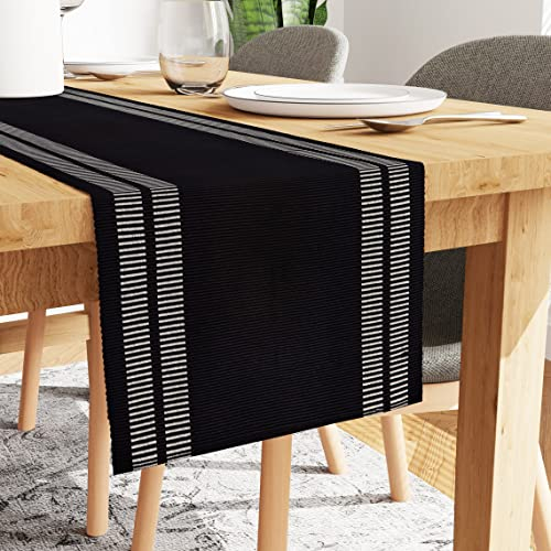 Encasa XO Tischläufer | Garngefärbte Feinripp-Baumwolle | Größe 32x183 cm | Leiter schwarz | Maschinenwaschbar